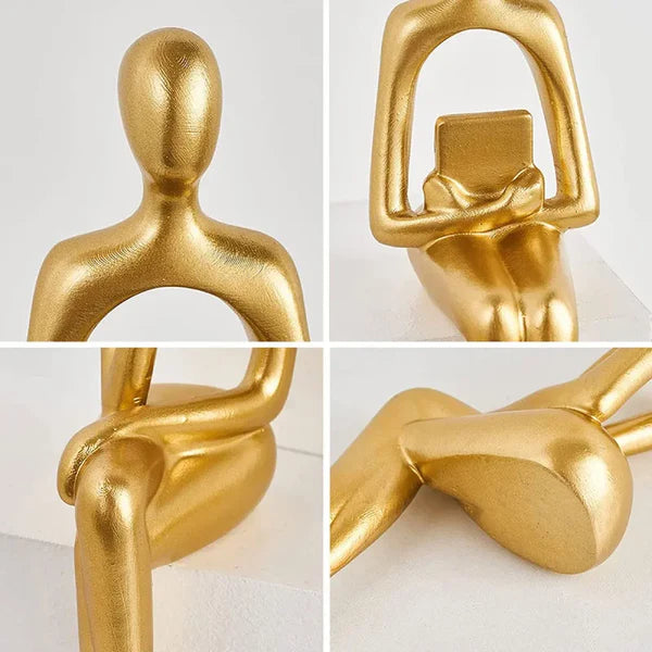 Escultura Abstrata Pensador em Resina Dourada para Sala e Escritório KBN