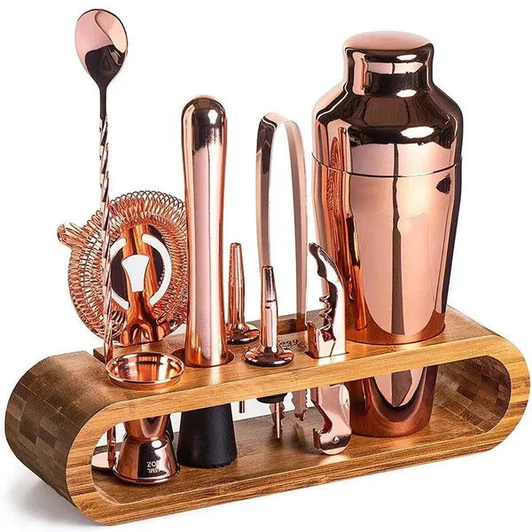 Kit Bartender 10 Peças de Aço Inox com Suporte de Bambu KBN