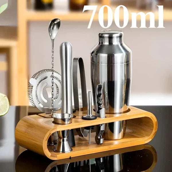 Kit Bartender 10 Peças de Aço Inox com Suporte de Bambu KBN