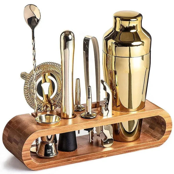 Kit Bartender 10 Peças de Aço Inox com Suporte de Bambu KBN