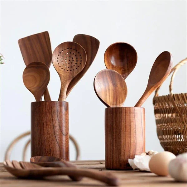 Kit Utensílios de Cozinha 7 Peças de Madeira KBN WoodTouch