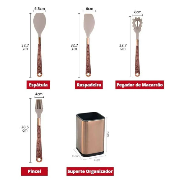 Kit Utensílios de Silicone 10 Peças com Organizador Rosé KBN WoodTouch