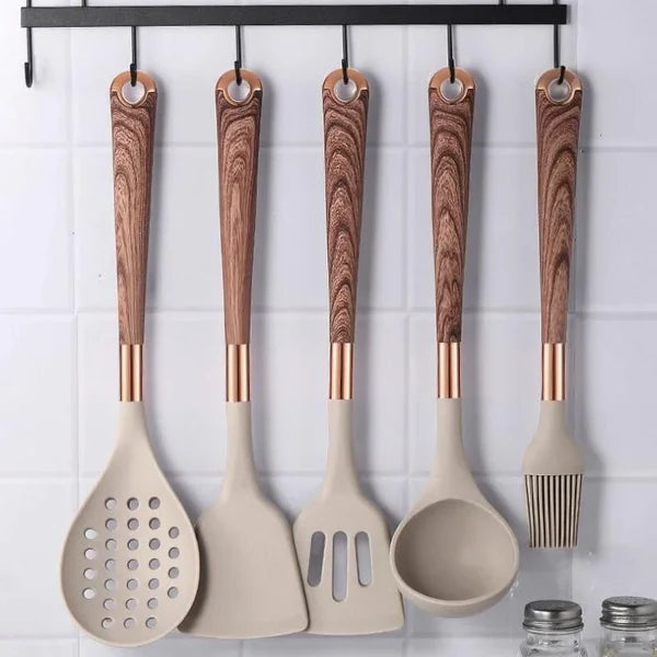 Kit Utensílios de Silicone 10 Peças com Organizador Rosé KBN WoodTouch