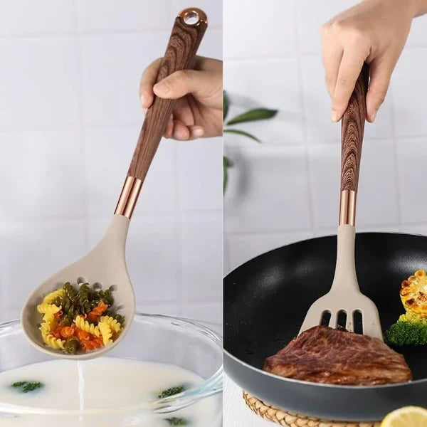 Kit Utensílios de Silicone 10 Peças com Organizador Rosé KBN WoodTouch