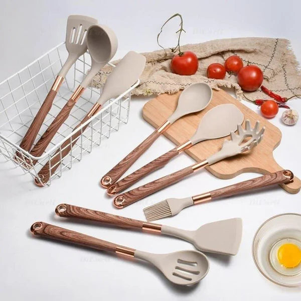 Kit Utensílios de Silicone 10 Peças com Organizador Rosé KBN WoodTouch