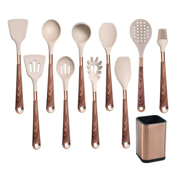 Kit Utensílios de Silicone 10 Peças com Organizador Rosé KBN WoodTouch
