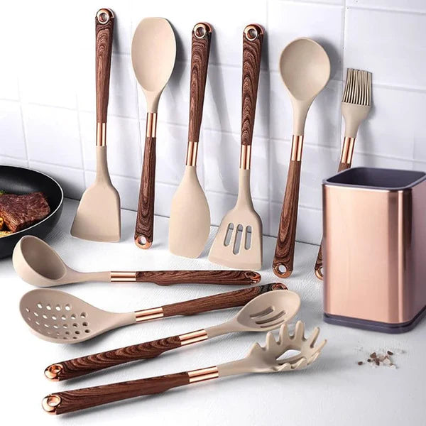 Kit Utensílios de Silicone 10 Peças com Organizador Rosé KBN WoodTouch