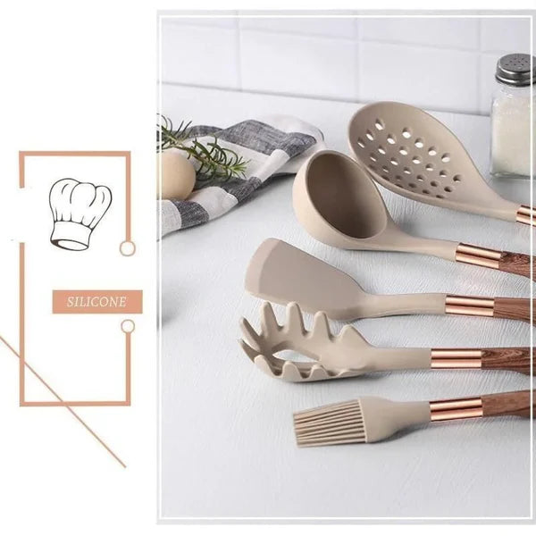 Kit Utensílios de Silicone 10 Peças com Organizador Rosé KBN WoodTouch