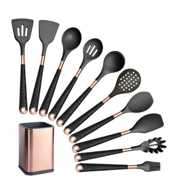 Kit Utensílios de Silicone 10 Peças com Organizador Rosé KBN WoodTouch