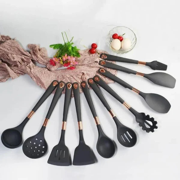 Kit Utensílios de Silicone 10 Peças com Organizador Rosé KBN WoodTouch