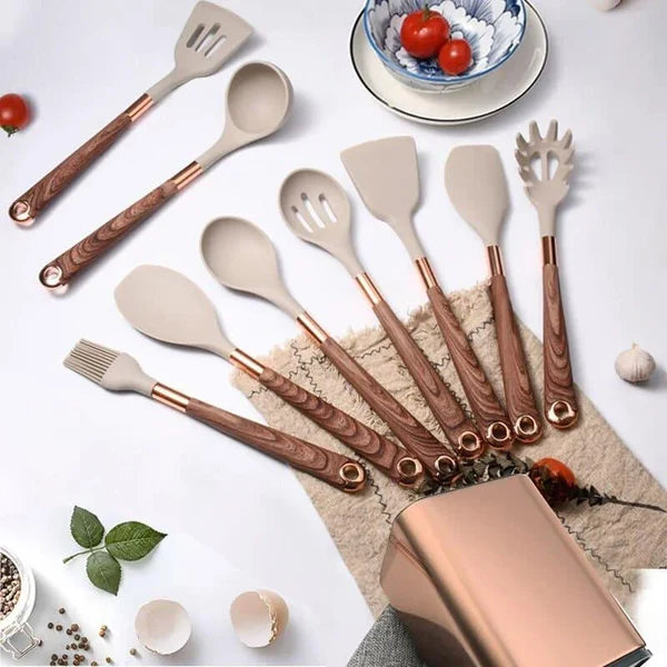 Kit Utensílios de Silicone 10 Peças com Organizador Rosé KBN WoodTouch