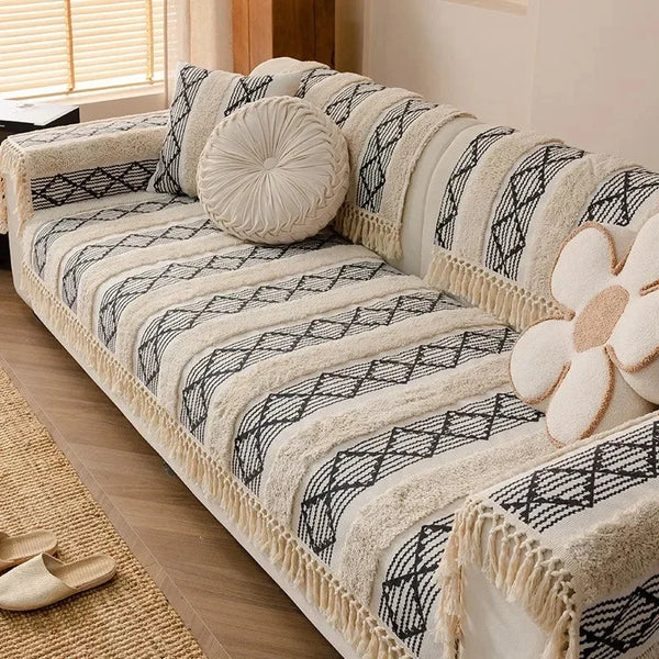 Capa de Sofá Estilo Boho em Algodão e Linho com Design 3d KBN