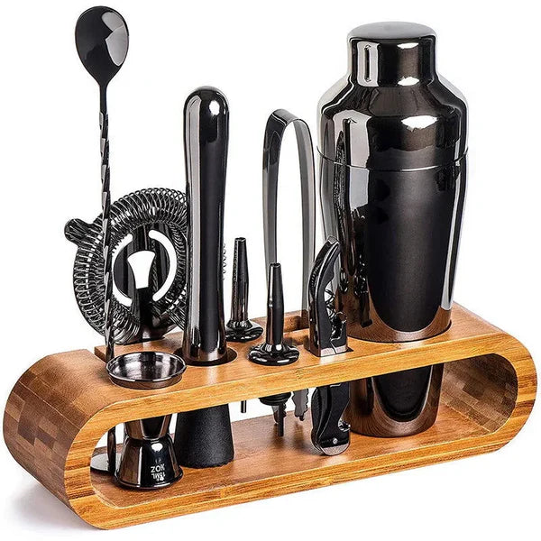 Kit Bartender 10 Peças de Aço Inox com Suporte de Bambu KBN