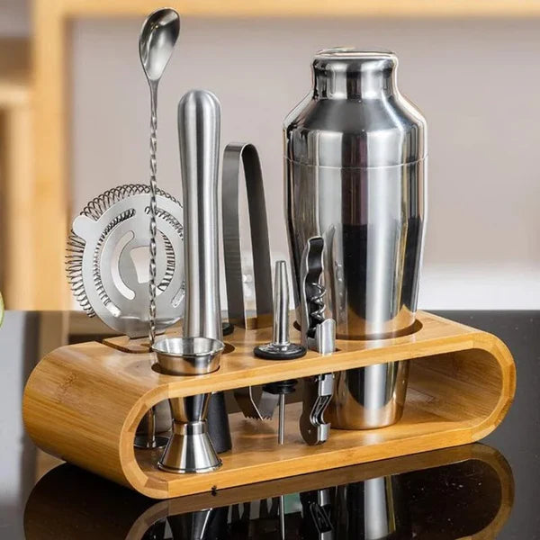Kit Bartender 10 Peças de Aço Inox com Suporte de Bambu KBN
