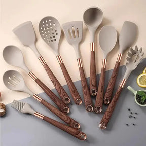 Kit Utensílios de Silicone 10 Peças com Organizador Rosé KBN WoodTouch