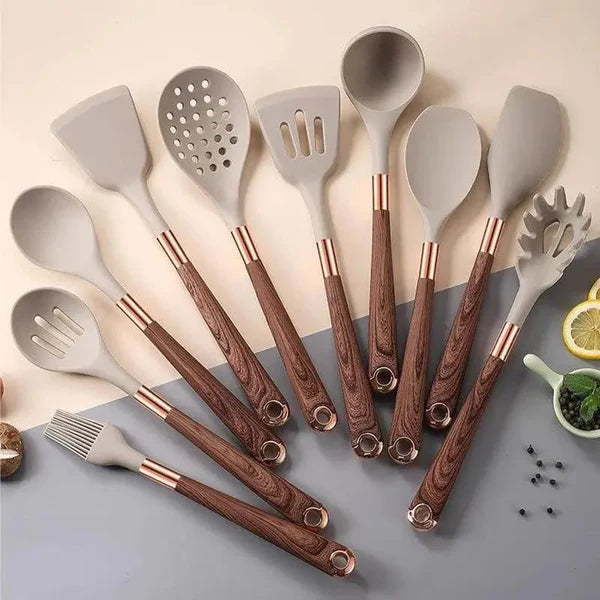 Kit Utensílios de Silicone 10 Peças com Organizador Rosé KBN WoodTouch