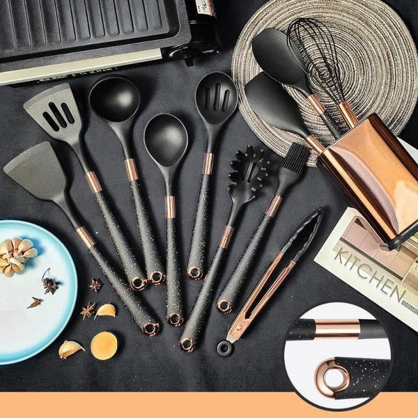Kit Utensílios de Silicone 10 Peças com Organizador Rosé KBN WoodTouch