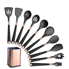 Kit Utensílios de Silicone 10 Peças com Organizador Rosé KBN WoodTouch