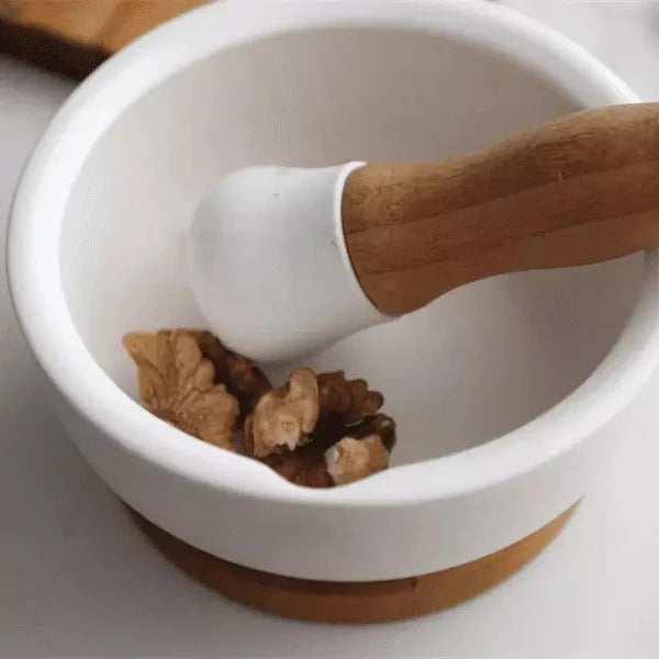 Pilão e Macerador de Cerâmica com Base de Madeira para Cozinha KBN