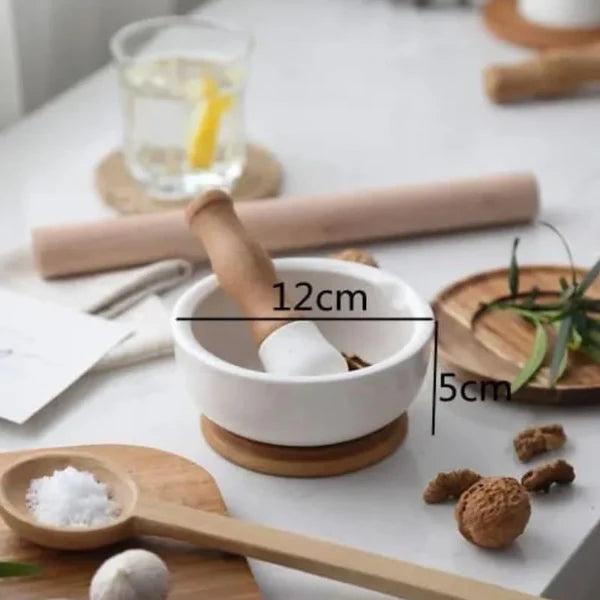 Pilão e Macerador de Cerâmica com Base de Madeira para Cozinha KBN