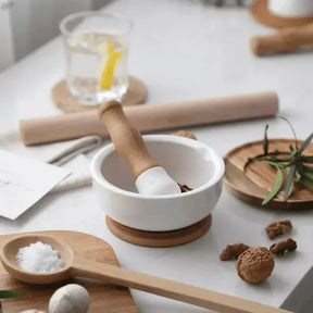 Pilão e Macerador de Cerâmica com Base de Madeira para Cozinha KBN