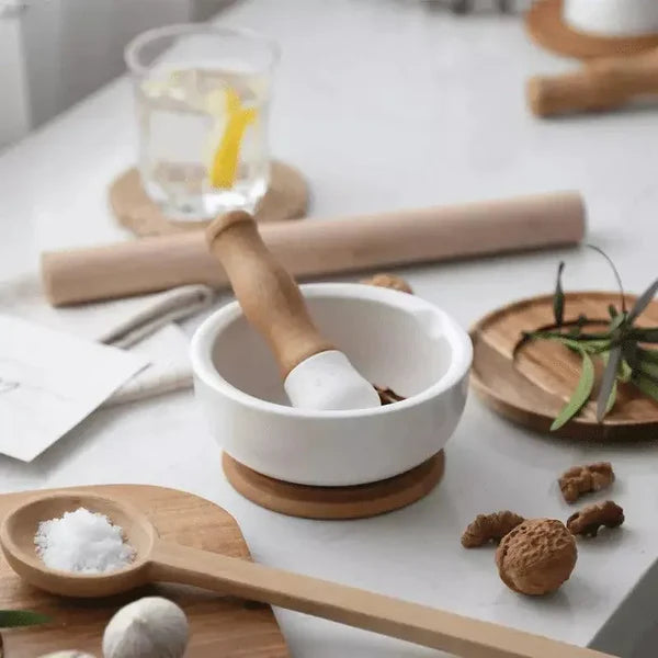 Pilão e Macerador de Cerâmica com Base de Madeira para Cozinha KBN