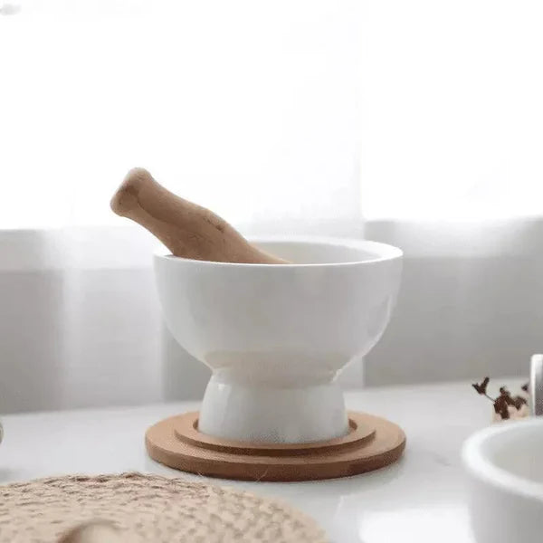 Pilão e Macerador de Cerâmica com Base de Madeira para Cozinha KBN