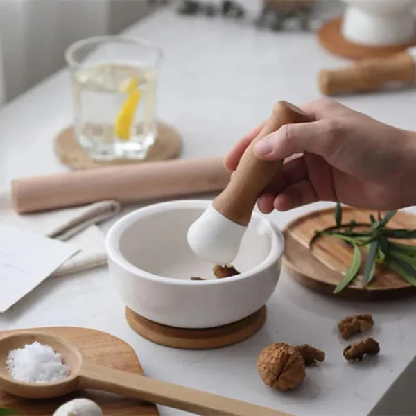 Pilão e Macerador de Cerâmica com Base de Madeira para Cozinha KBN
